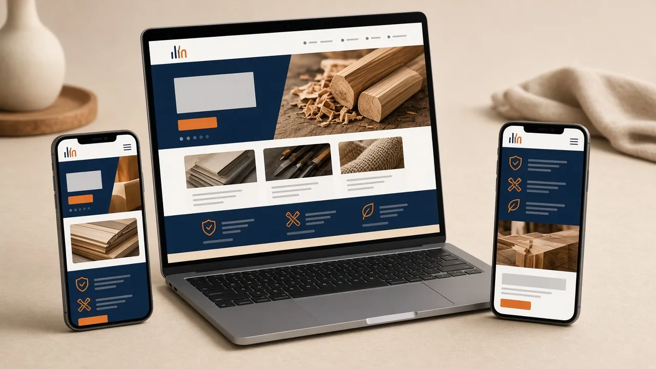 Illustration: Laptop und zwei Smartphones zeigen unterschiedliche Website-Layouts