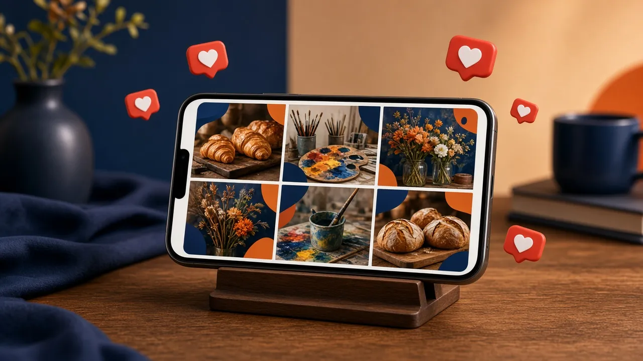 Illustration: drei Social-Media-Beitragskarten mit Herz-Symbol