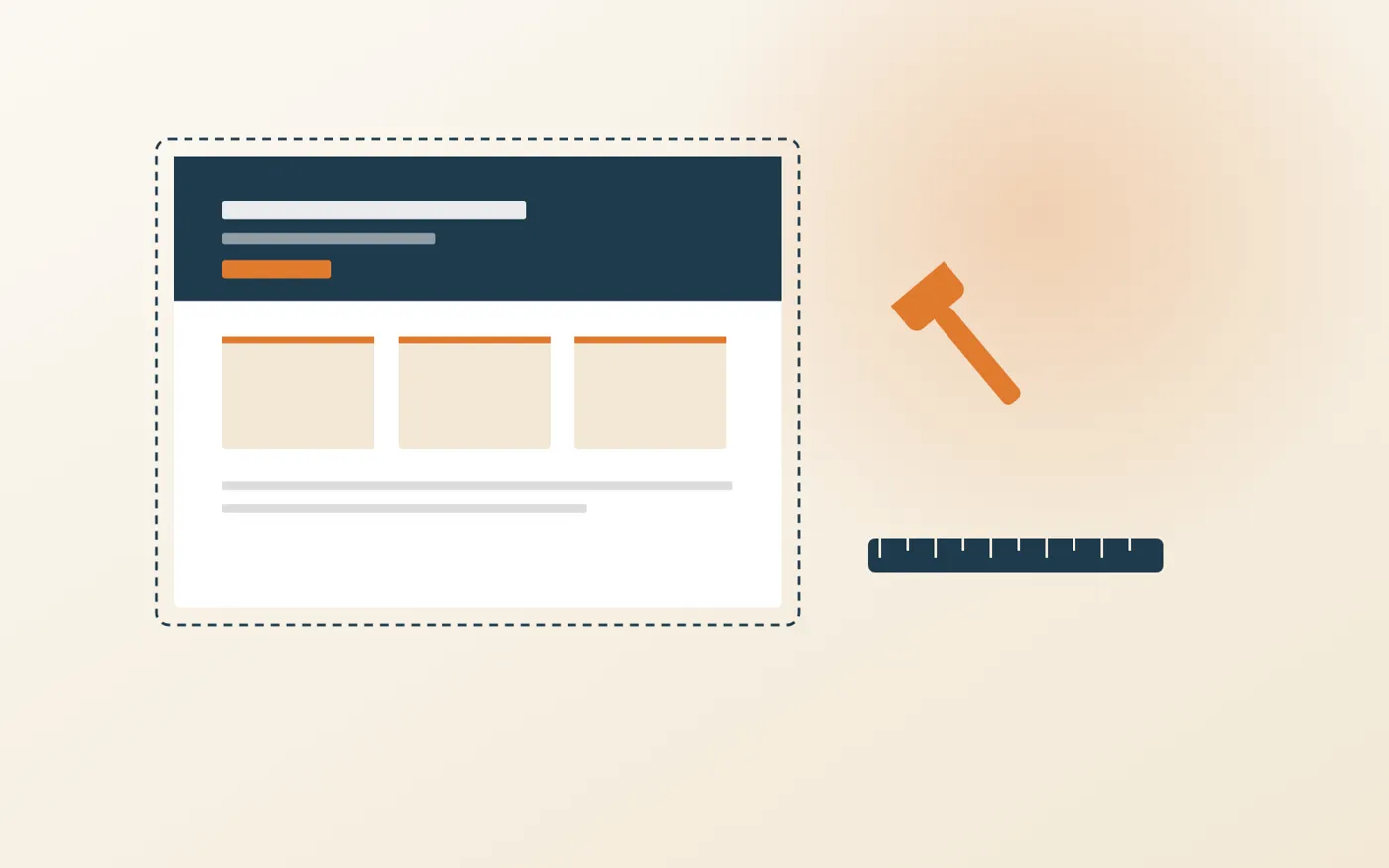 Illustration: Website-Entwurf als Skizze mit gestrichelter Umrandung, daneben Hammer und Lineal